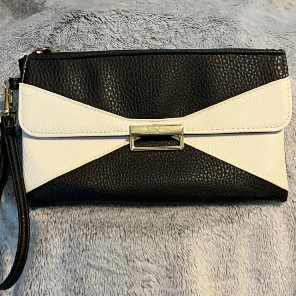EUC Jessica Simpson Black and White Clutch with Textured Finish and Wrist Strap